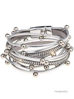 Layered Faux Leather Wrap Bracelet with Magnetic Buckle and Rhinestone Beads